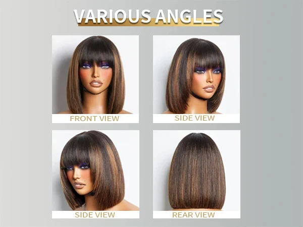 Highlight Blonde Short BOB 2X1 Lace Human Hair Wig Brazilian 1b/30 Straight Bob Bone With Bangs For Women Pre Plucked Natural Hairline Wig 180% Density 12Inch