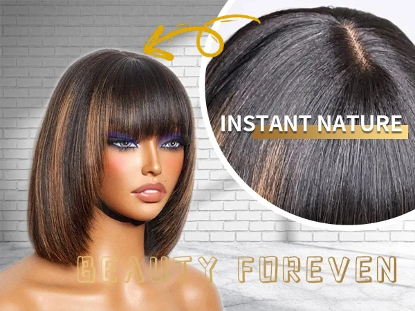 Highlight Blonde Short BOB 2X1 Lace Human Hair Wig Brazilian 1b/30 Straight Bob Bone With Bangs For Women Pre Plucked Natural Hairline Wig 180% Density 12Inch