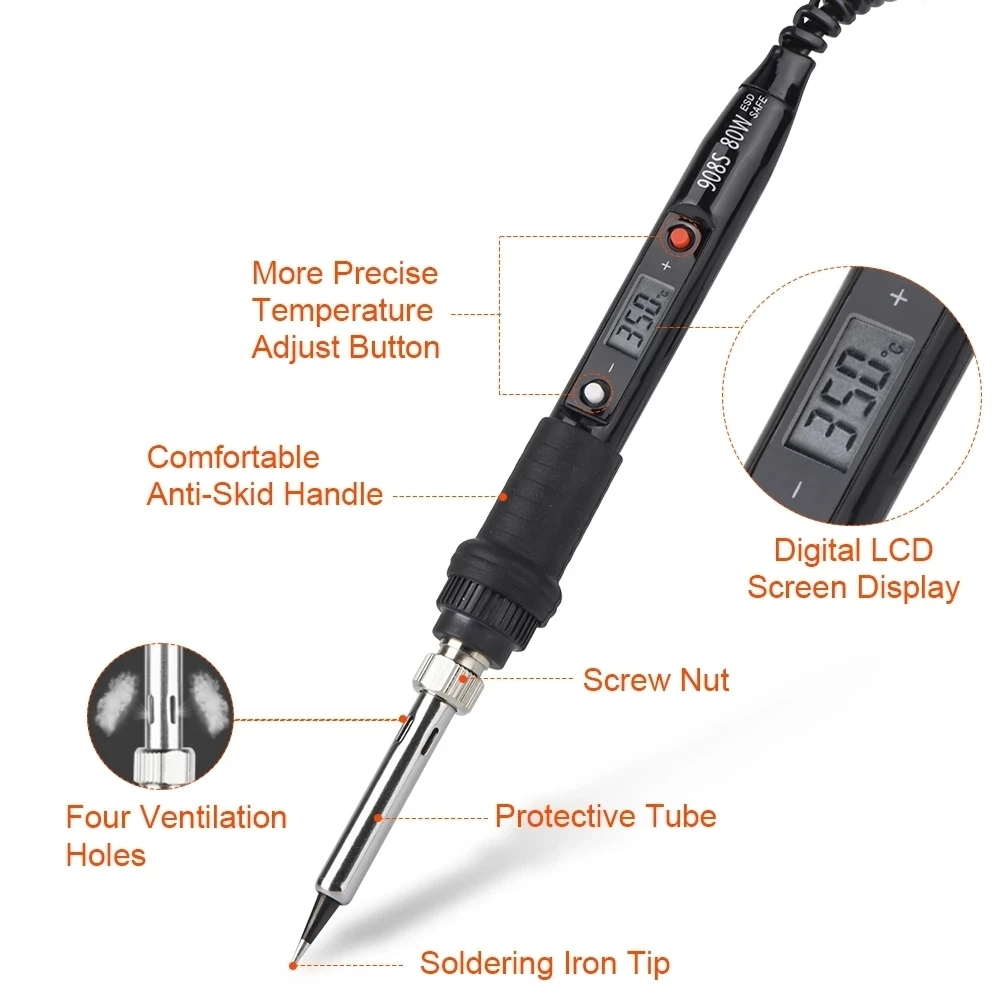 JCD 80W Electric Soldering Iron with LCD Digital Temperature Display Adjustable Heating Tip for Precision Soldering 220V/110V