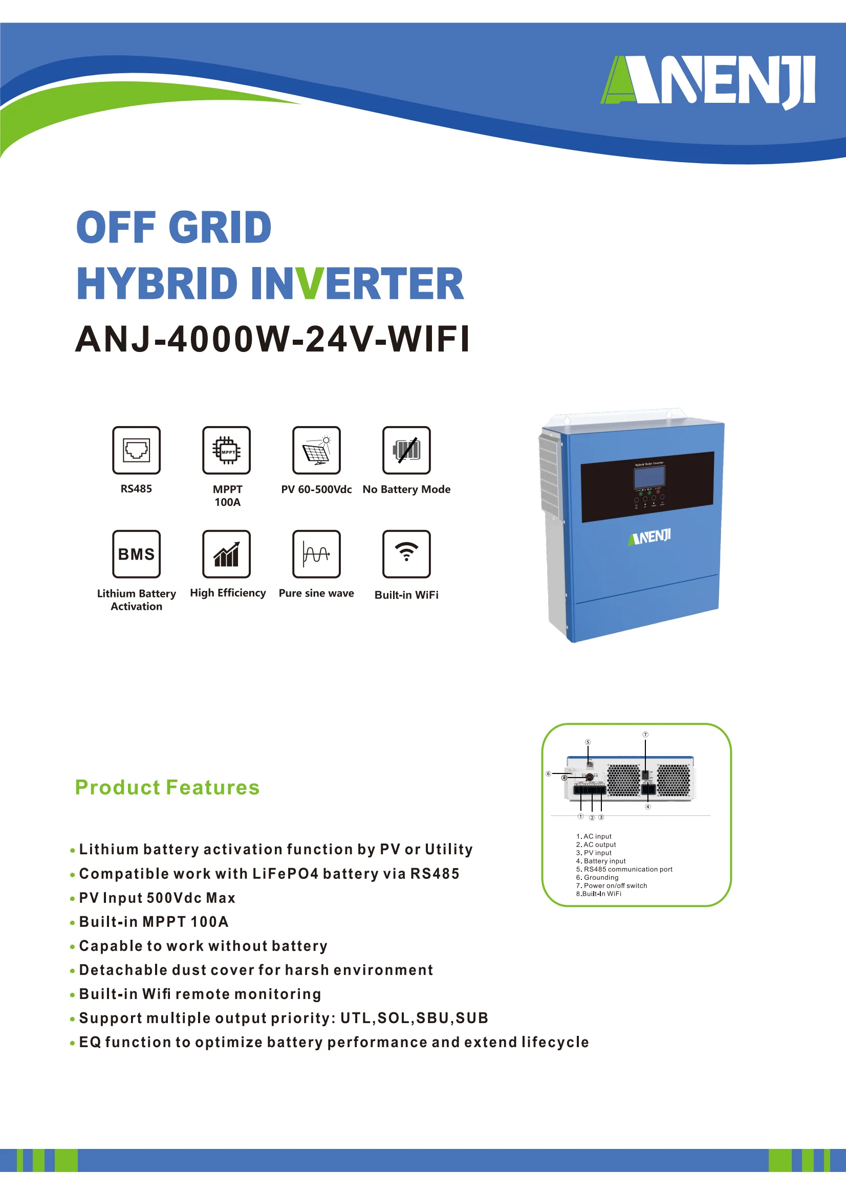 4KW 24V Solar Inverter Hybrid  Pure Sine Wave MPPT 100A Work Without Battery For PV 60-500VDC With WIFI ﻿