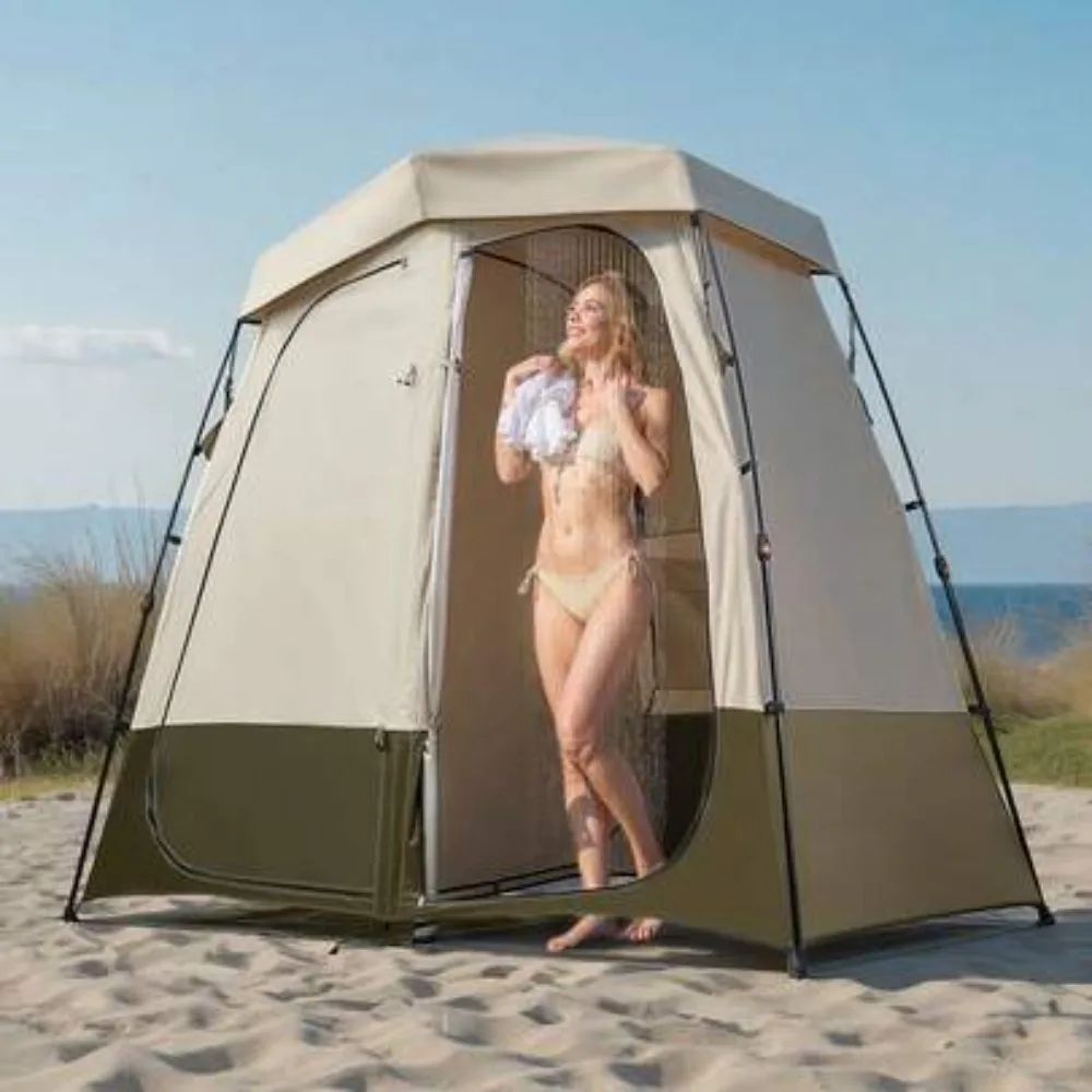 Camping Shower Tent 2 Room Foldable Privacy Tent with Carry Bag Ground Stakes Ropes and Crossbar 150D Oxford Silver Coating Portable Dressing Room for Camping Beach Fishing Outdoor Changing Toilet