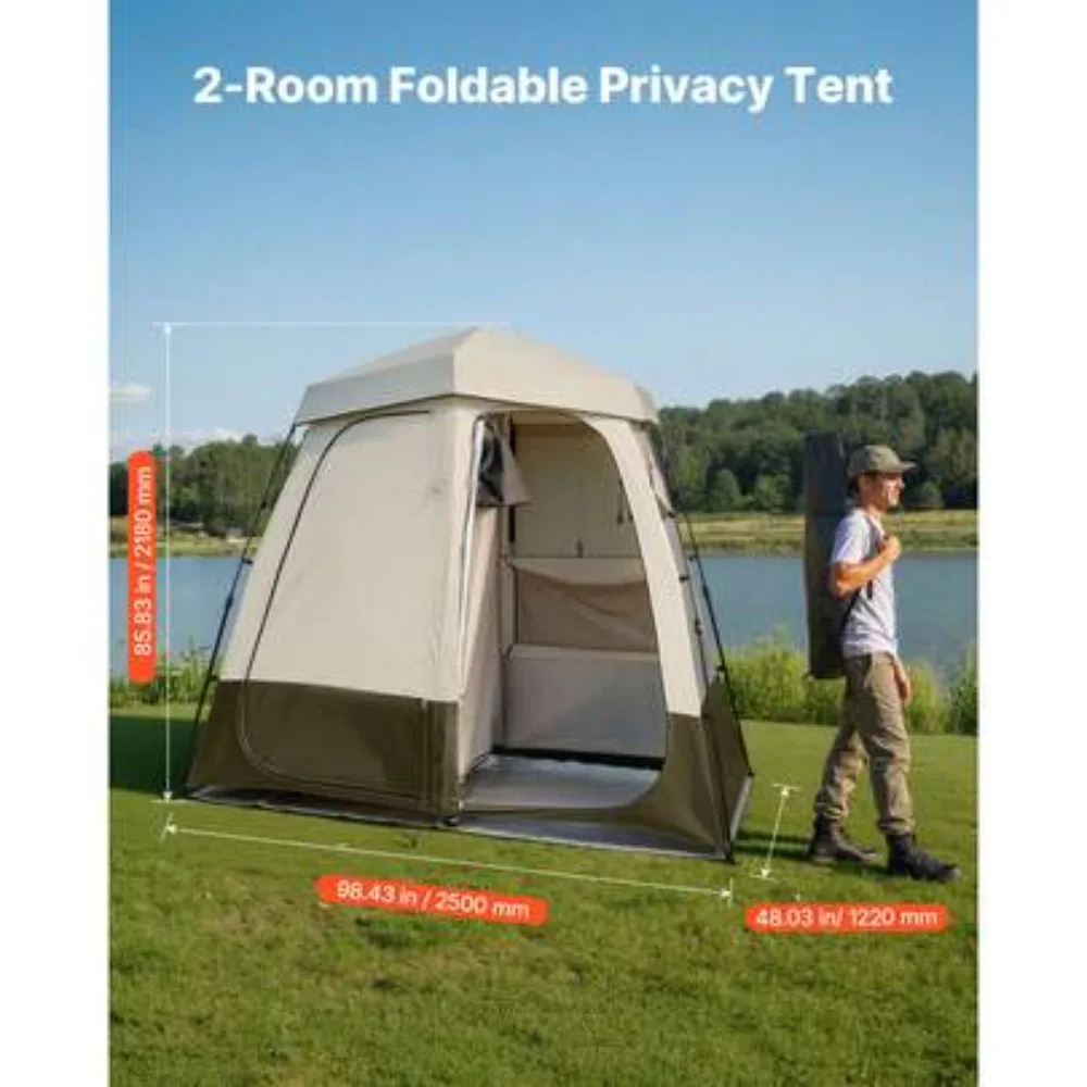 Camping Shower Tent 2 Room Foldable Privacy Tent with Carry Bag Ground Stakes Ropes and Crossbar 150D Oxford Silver Coating Portable Dressing Room for Camping Beach Fishing Outdoor Changing Toilet