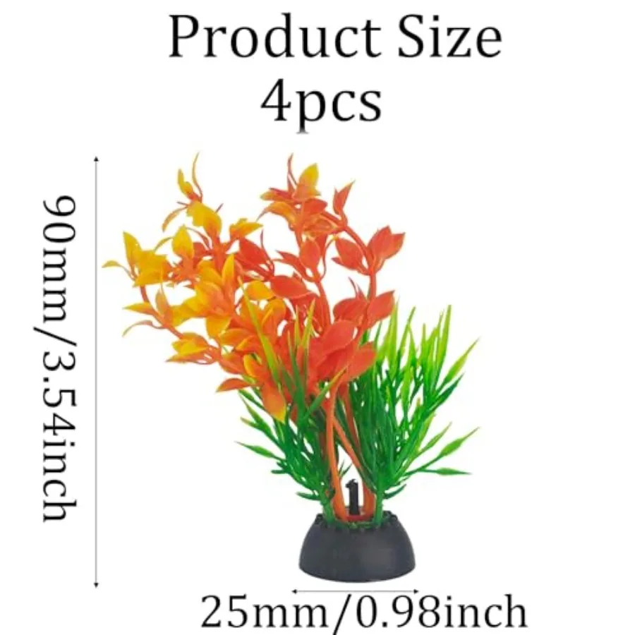 4PCS 4 Inches Tall Seaweed Grass Artificial Aquarium Plants for Freshwater and Saltwater Tanks, Plastic, Green Orange, Realisti