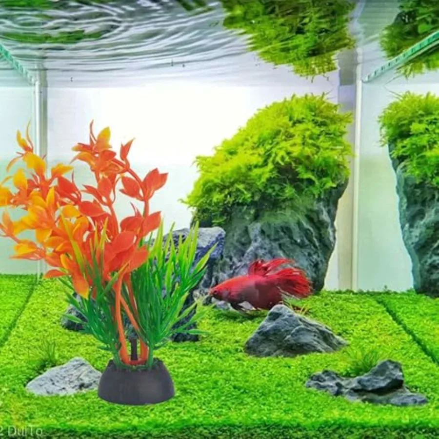 4PCS 4 Inches Tall Seaweed Grass Artificial Aquarium Plants for Freshwater and Saltwater Tanks, Plastic, Green Orange, Realisti