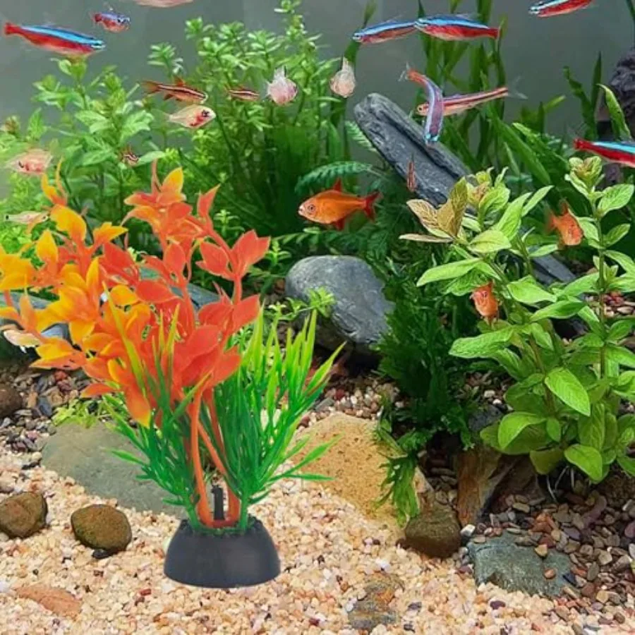 4PCS 4 Inches Tall Seaweed Grass Artificial Aquarium Plants for Freshwater and Saltwater Tanks, Plastic, Green Orange, Realisti