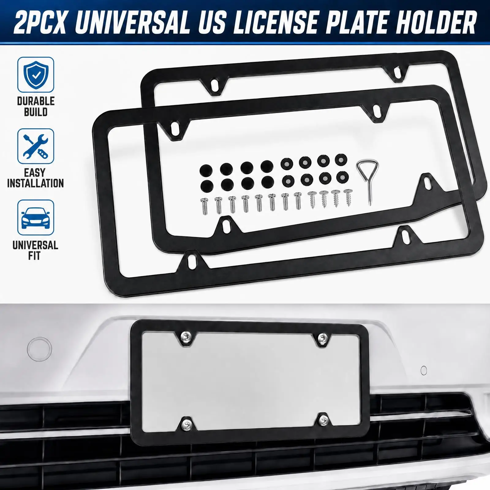 2 Pcs Stainless Steel Metal US-Spec Car License Plate Frame Tag Cover Screws and Wrench US Size High Quality Waterproof Anti-corrosion Plate