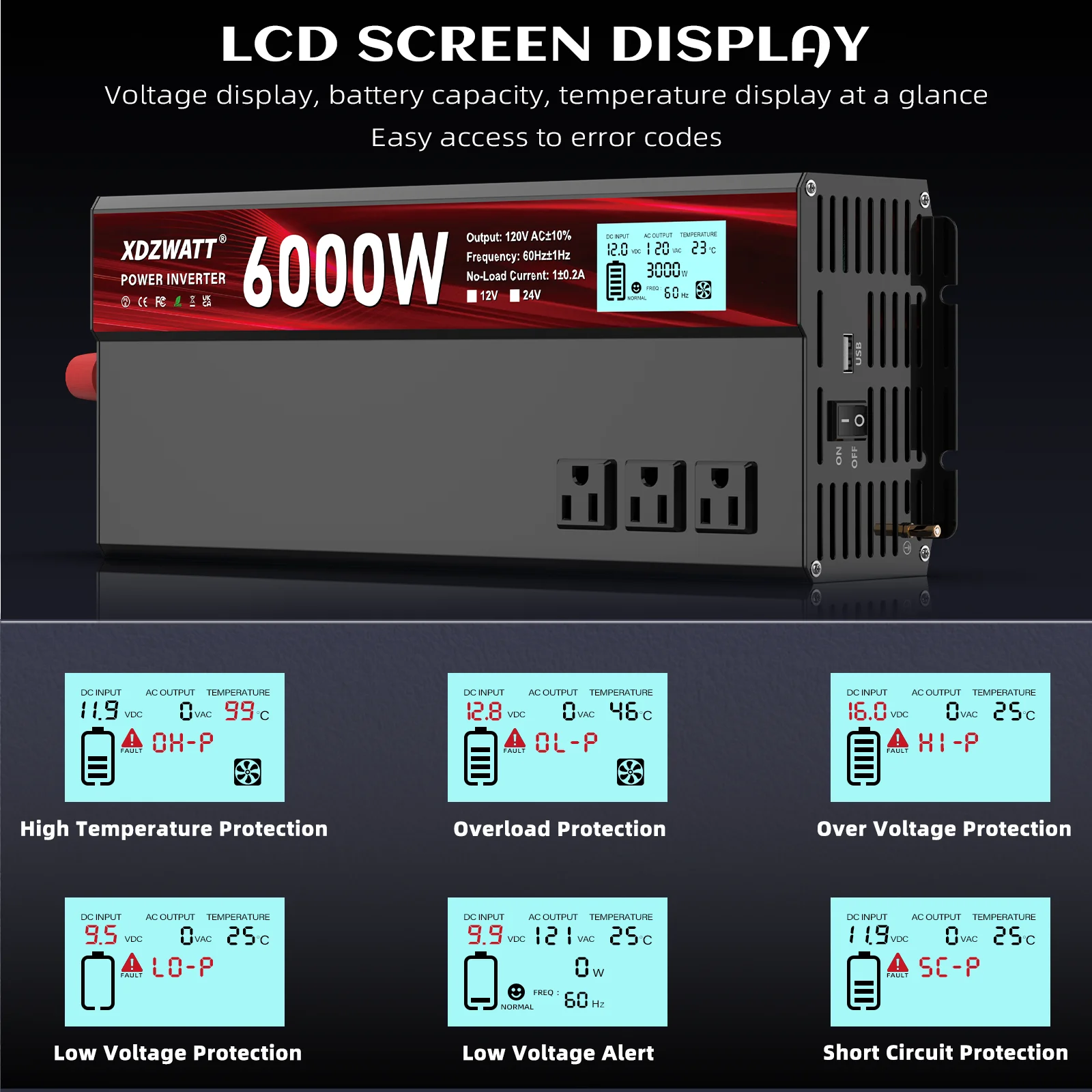 3000W Power Inverter,Peak Power 6000W 12V DC to AC 110V120V,with 3 AC Outlets and 3.4 A USB Port,LED Display for Power Converter,Outdoor Activities,Emergency,Vehicles Truck RV Solar System