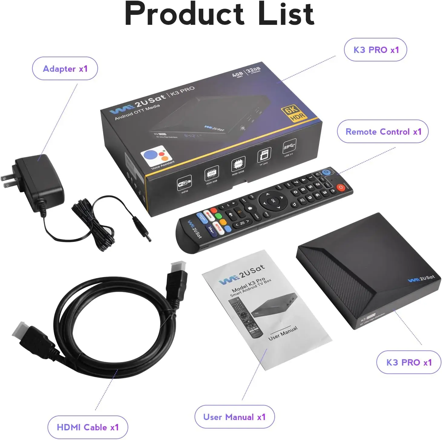 We2uSat K3 Pro 6K HDR Android 10.0 4GB+32GB TV Box Quad Core 64bit Build in WiFi-6 2.4GHz/5GHz BT 5.0 H.264/ H.265 10bit for US