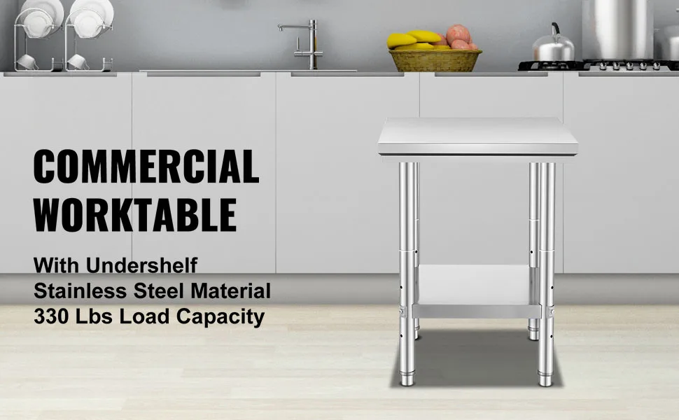 SucceBuy Stainless Steel Kitchen Work Bench Commercial Catering Table Worktable with Undershelf for Restaurant Garage
