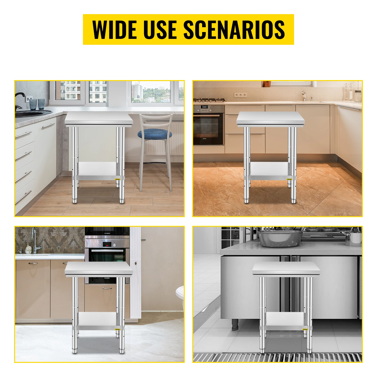 SucceBuy Stainless Steel Kitchen Work Bench Commercial Catering Table Worktable with Undershelf for Restaurant Garage