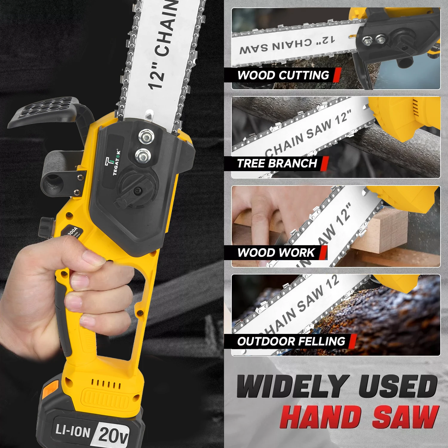 12 Inch 1200W Chainsaw Handheld Household Convenient Electric Cutting Tool with Two Batteries for Cutting Tree Branches and Wood