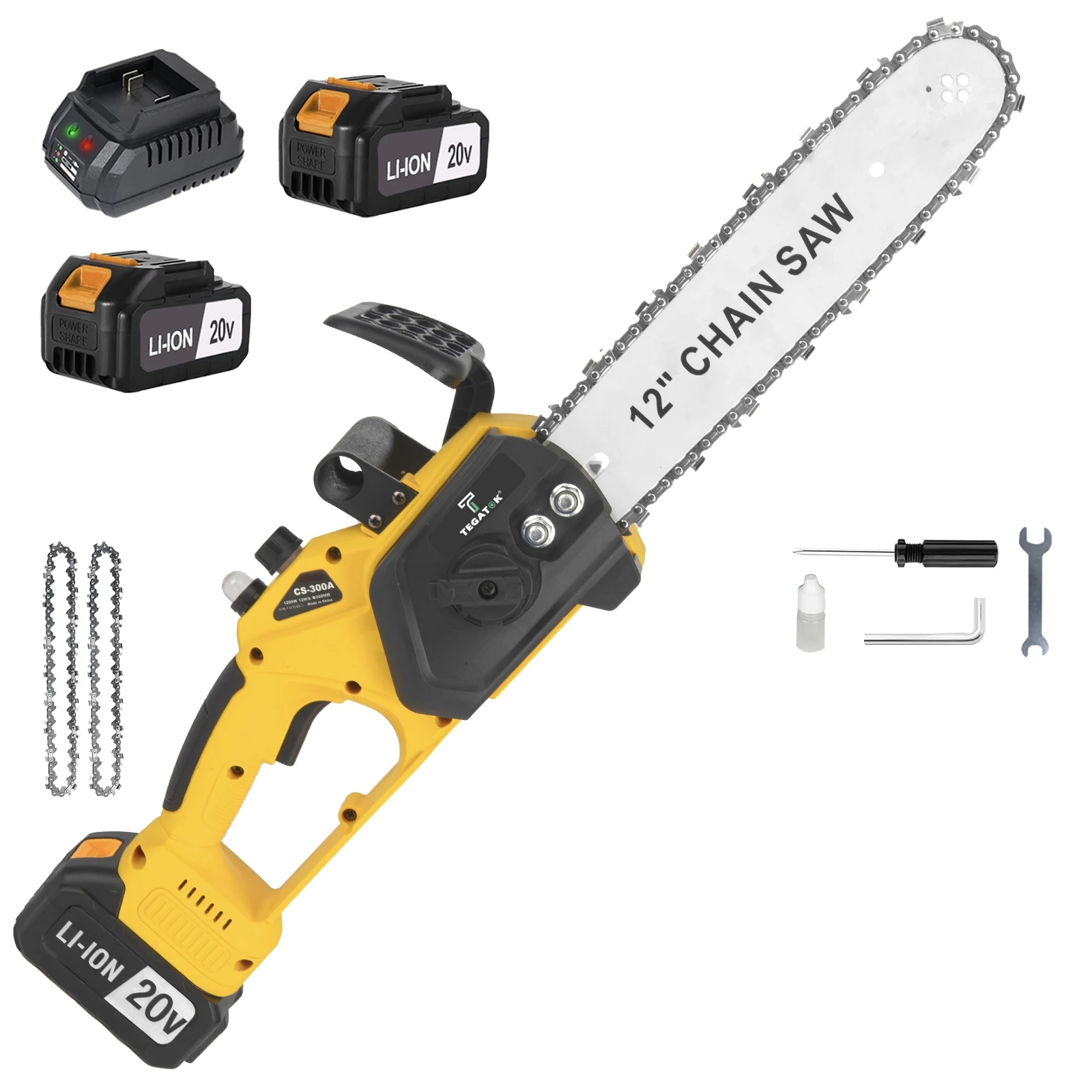 12 Inch 1200W Chainsaw Handheld Household Convenient Electric Cutting Tool with Two Batteries for Cutting Tree Branches and Wood