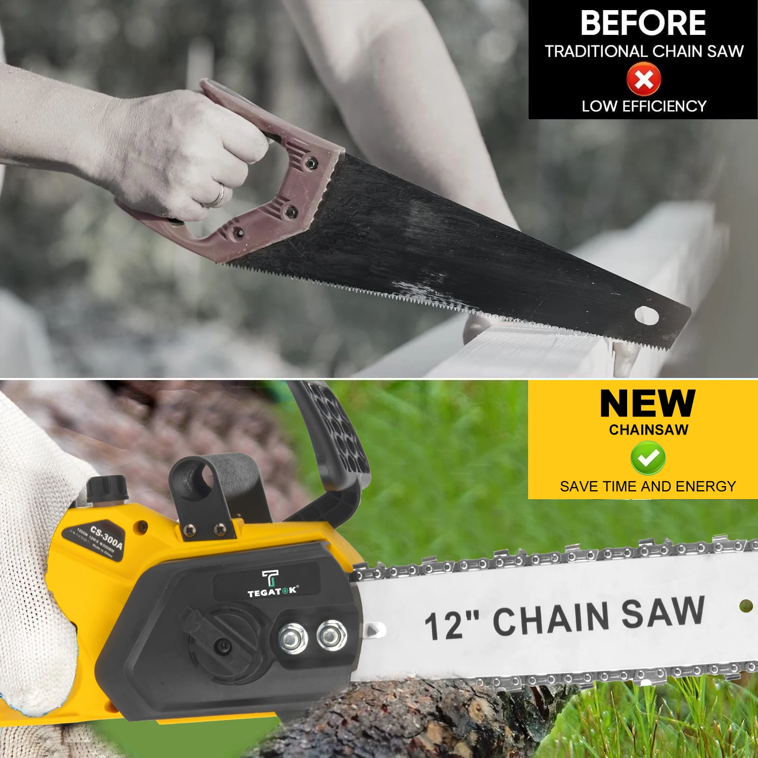 12 Inch 1200W Chainsaw Handheld Household Convenient Electric Cutting Tool with Two Batteries for Cutting Tree Branches and Wood