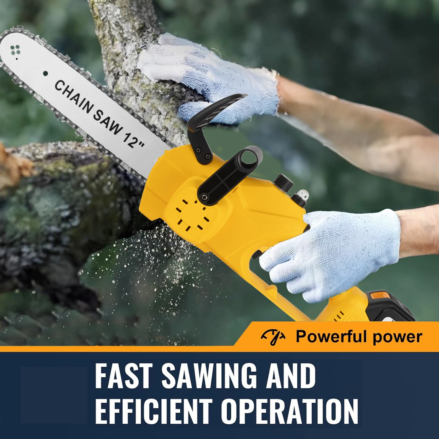 12 Inch 1200W Chainsaw Handheld Household Convenient Electric Cutting Tool with Two Batteries for Cutting Tree Branches and Wood