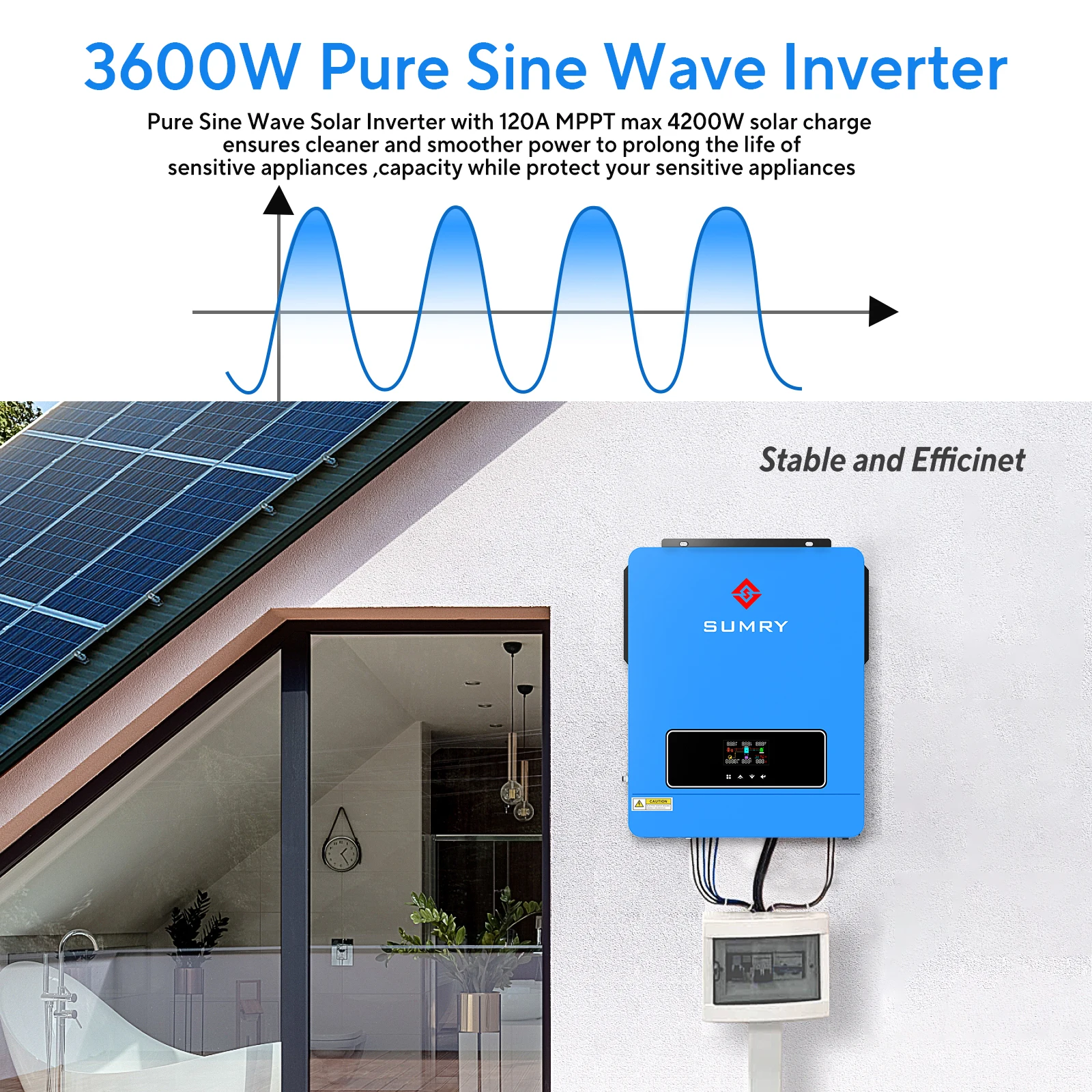 Sumry Hybrid Solar Inverter Pure Sine Wave 3600w 24v Dual Output with MPPT 120A 60-450v 50/60hz