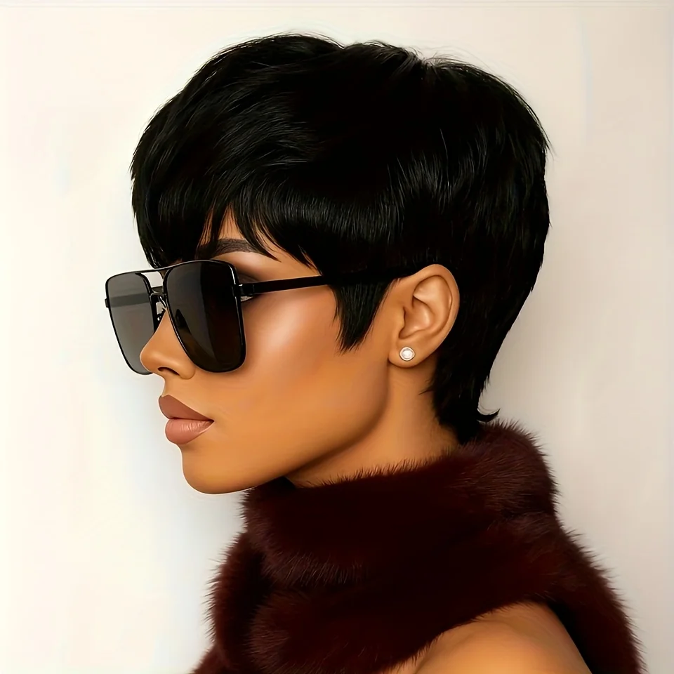 short straight human hair wig for women daily party use wig machine made pixie wig black color pixie cut wig