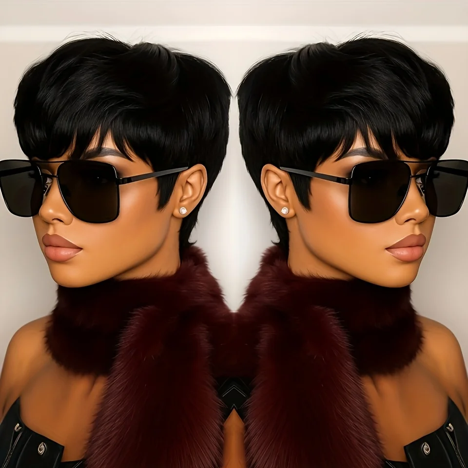 short straight human hair wig for women daily party use wig machine made pixie wig black color pixie cut wig