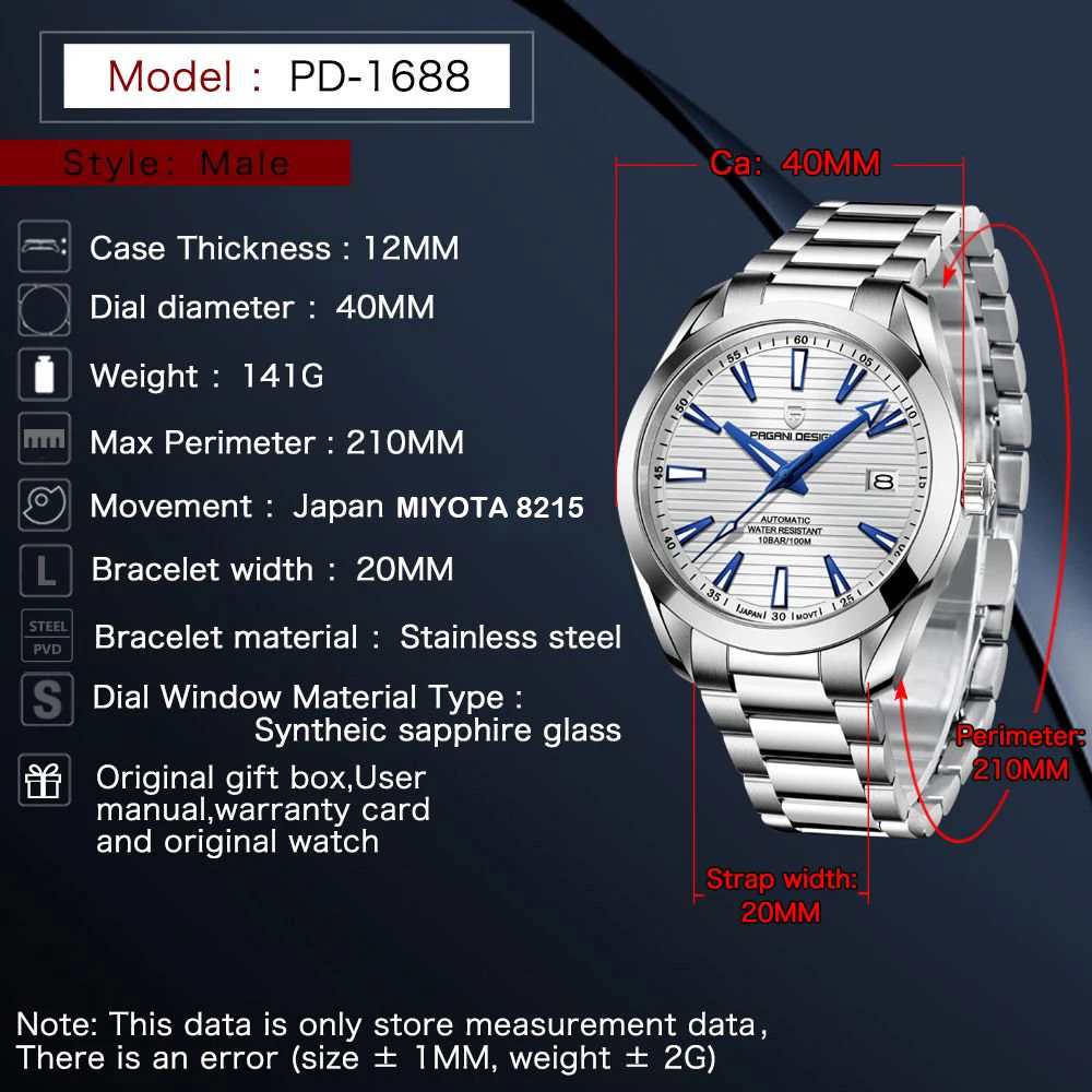 PAGANI DESIGN 40MM A150 Men's Watches Luxury Automatic Watch For Men Mechanical WristWatch Stainless Steel Sapphire Glass