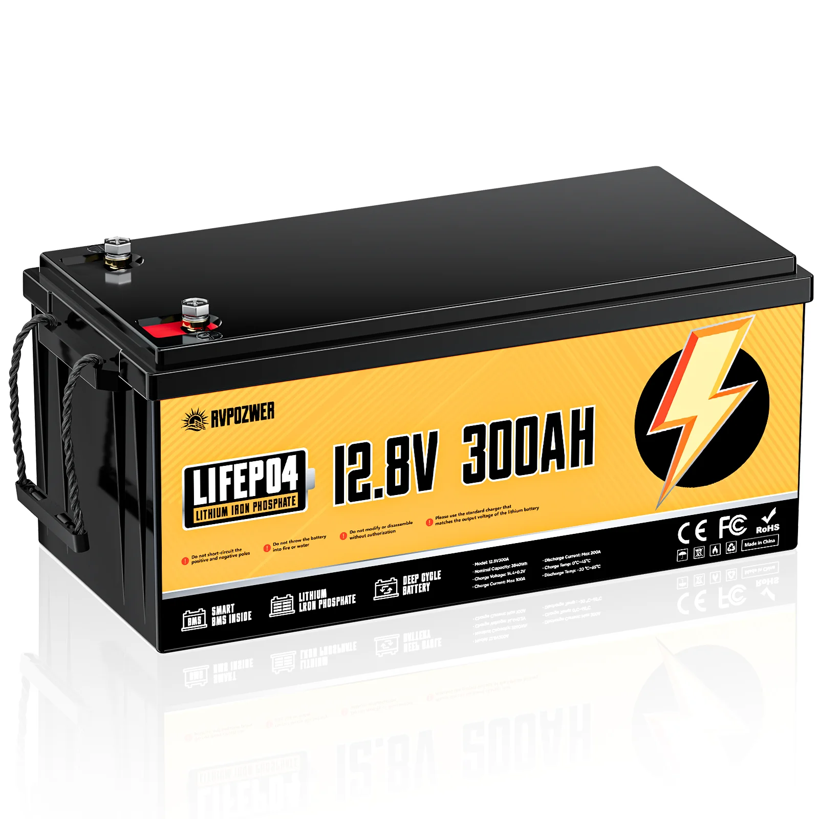 RVPOZWER LiFePO4 Battery 12V 300Ah 3840WH with Smart BMS 15000Cycles Portable Battery Pack for Home Energy RV Trolling Motor