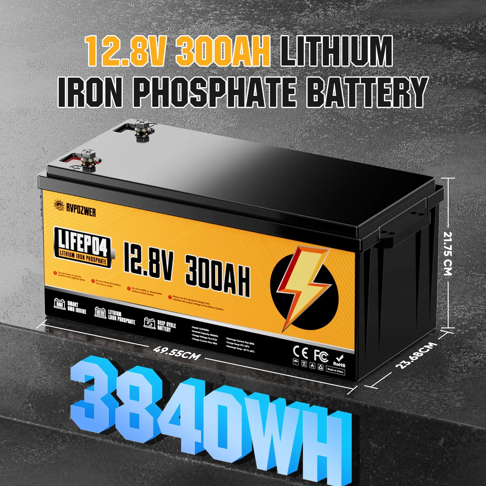 RVPOZWER LiFePO4 Battery 12V 300Ah 3840WH with Smart BMS 15000Cycles Portable Battery Pack for Home Energy RV Trolling Motor