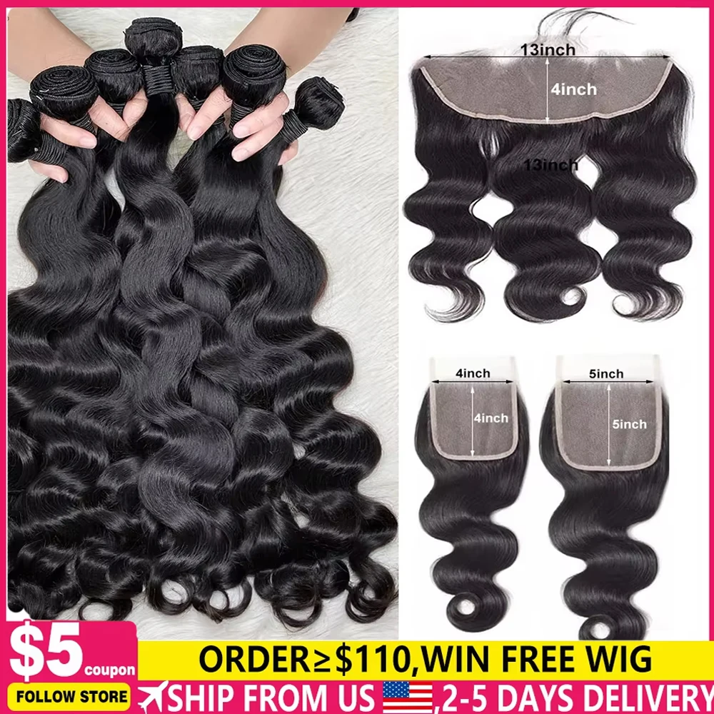 Peruvian Human Hair Bundles With Closure Body Wave Raw 3 4 Bundles With 4x4 5x5 HD Lace Closure Virgin Weave With 13x4 Frontal