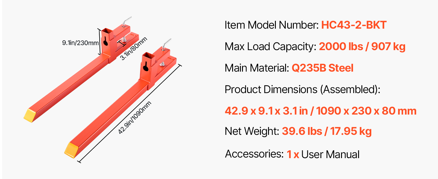 SucceBuy 2000 lbs Clamp on Pallet Forks 43in Total Length Quick Attach Tractor Fork Attachments for Loader Bucket Skid Steer