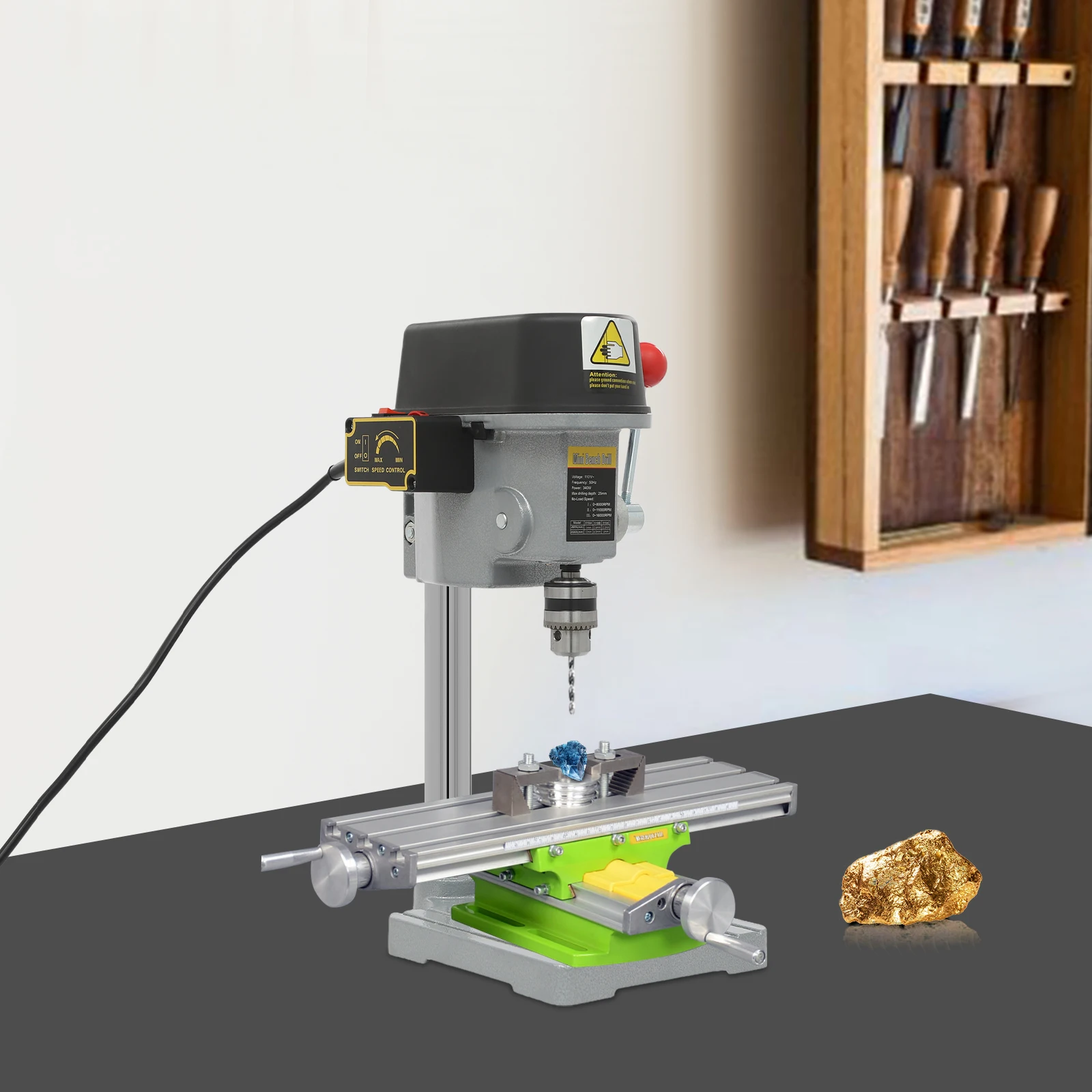 340W Mini Benchtop Drill Press, 3 Speed Adjustable, for Drilling Iron, Wood, Plastic, Shell, Crystal, Aluminum, Resin