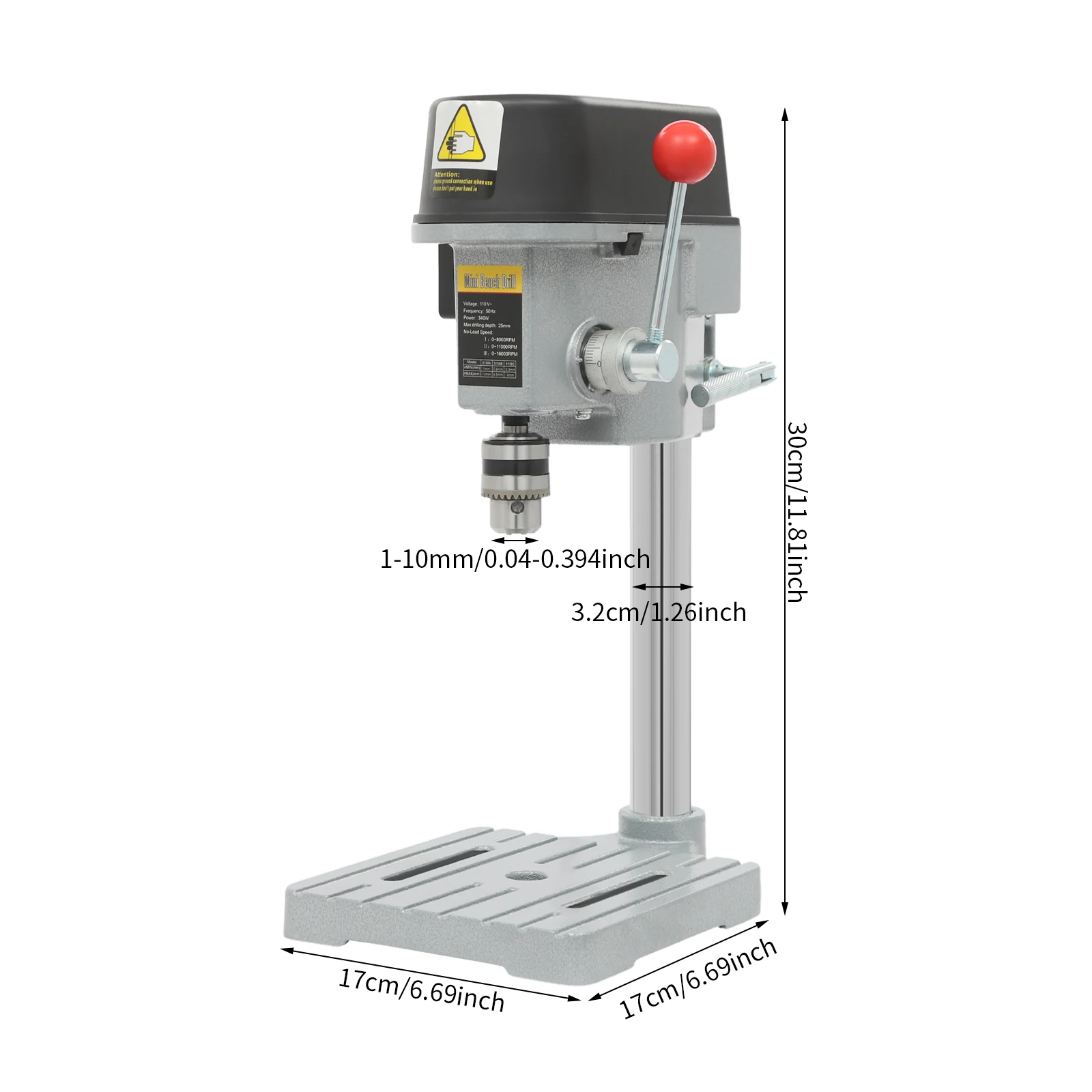 340W Mini Benchtop Drill Press, 3 Speed Adjustable, for Drilling Iron, Wood, Plastic, Shell, Crystal, Aluminum, Resin