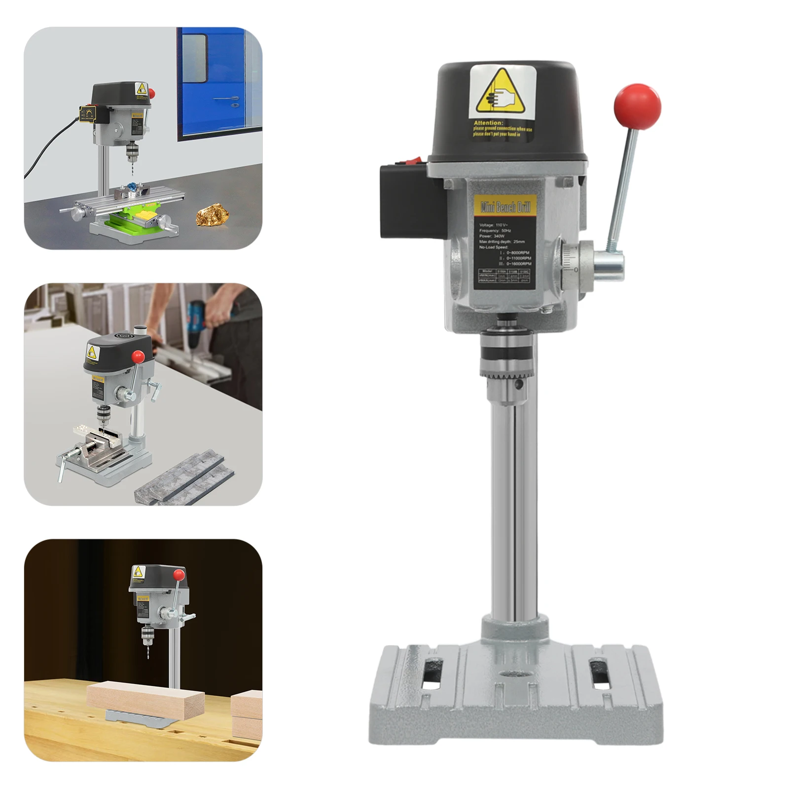 340W Mini Benchtop Drill Press, 3 Speed Adjustable, for Drilling Iron, Wood, Plastic, Shell, Crystal, Aluminum, Resin
