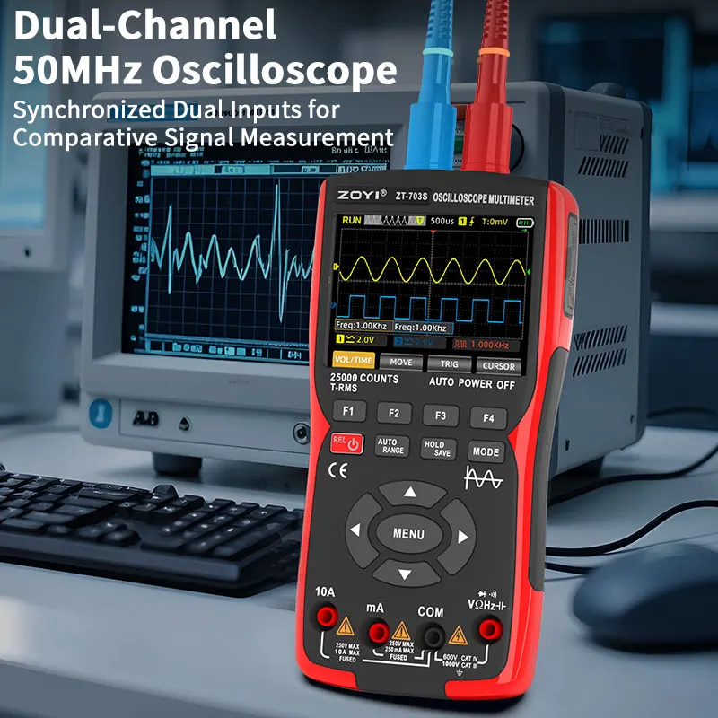 ZOYI 703S 3-in-1 Oscilloscope Multimeter with 3.5 Inch IPS Display,25000 Counts, Dual Channel 50MHZ Bandwidth,280MSa/s High