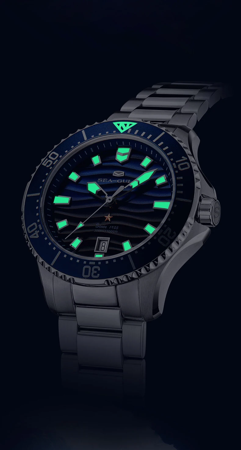 Seagull Men's Watch Timepiece Wave-patterned Dial 30Bar Waterproof Luminous Calendar Clock Automatic Mechanical Wristwatch 1218
