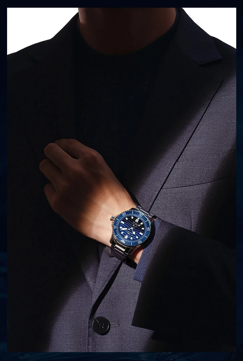 Seagull Men's Watch Timepiece Wave-patterned Dial 30Bar Waterproof Luminous Calendar Clock Automatic Mechanical Wristwatch 1218