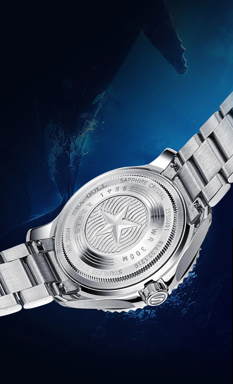 Seagull Men's Watch Timepiece Wave-patterned Dial 30Bar Waterproof Luminous Calendar Clock Automatic Mechanical Wristwatch 1218