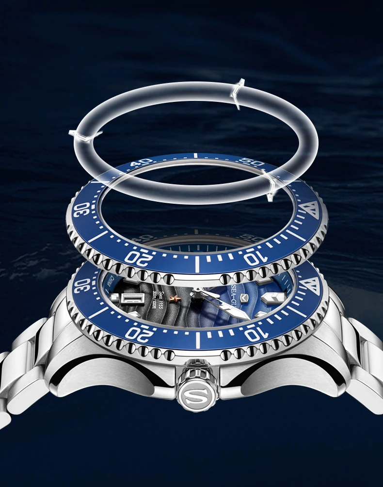 Seagull Men's Watch Timepiece Wave-patterned Dial 30Bar Waterproof Luminous Calendar Clock Automatic Mechanical Wristwatch 1218