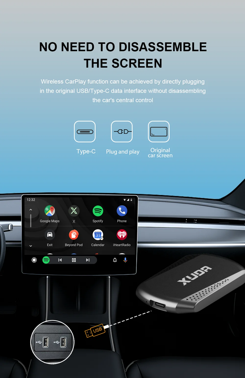 XUDA Android14 Wireless CarPlay/Android Auto 3in1 NEW CarPlay Ai Box 4Cores 4GB RAM+64GB ROM Plug and Play Stable Transmission