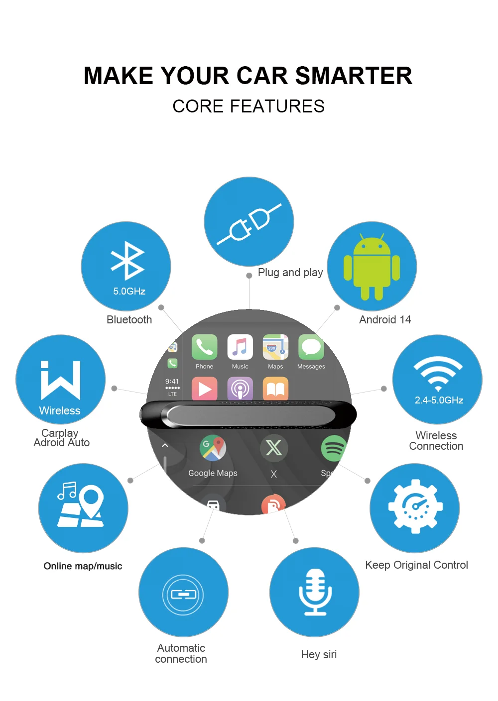 XUDA Android14 Wireless CarPlay/Android Auto 3in1 NEW CarPlay Ai Box 4Cores 4GB RAM+64GB ROM Plug and Play Stable Transmission