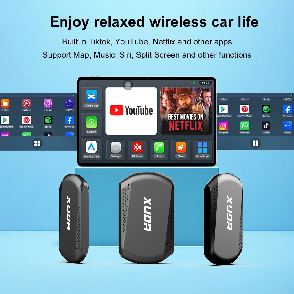 XUDA Android14 Wireless CarPlay/Android Auto 3in1 NEW CarPlay Ai Box 4Cores 4GB RAM+64GB ROM Plug and Play Stable Transmission
