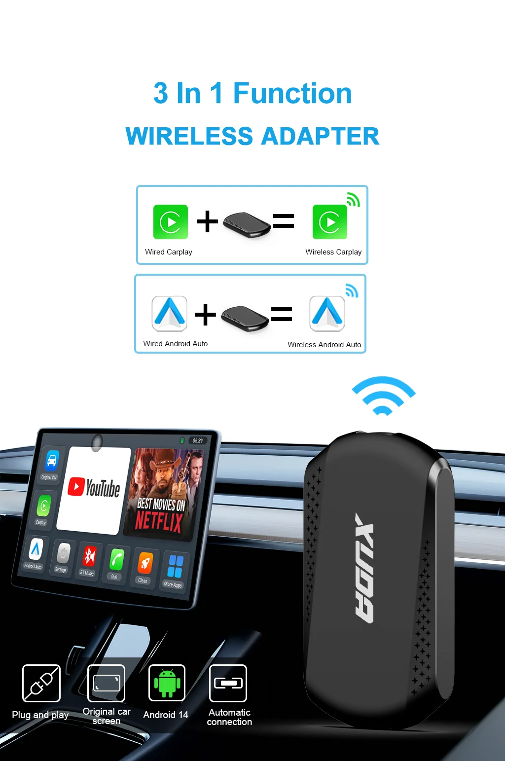 XUDA Android14 Wireless CarPlay/Android Auto 3in1 NEW CarPlay Ai Box 4Cores 4GB RAM+64GB ROM Plug and Play Stable Transmission