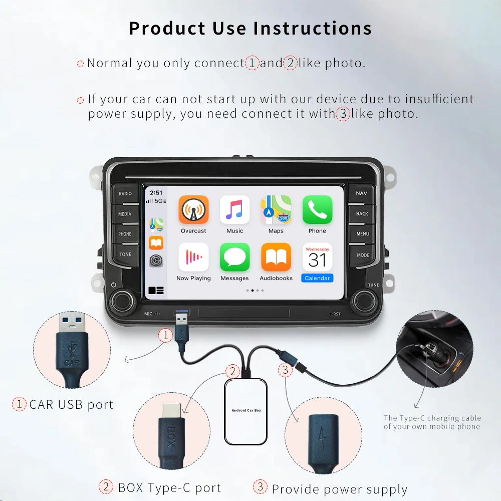 XUDA Android14 Wireless CarPlay/Android Auto 3in1 NEW CarPlay Ai Box 4Cores 4GB RAM+64GB ROM Plug and Play Stable Transmission