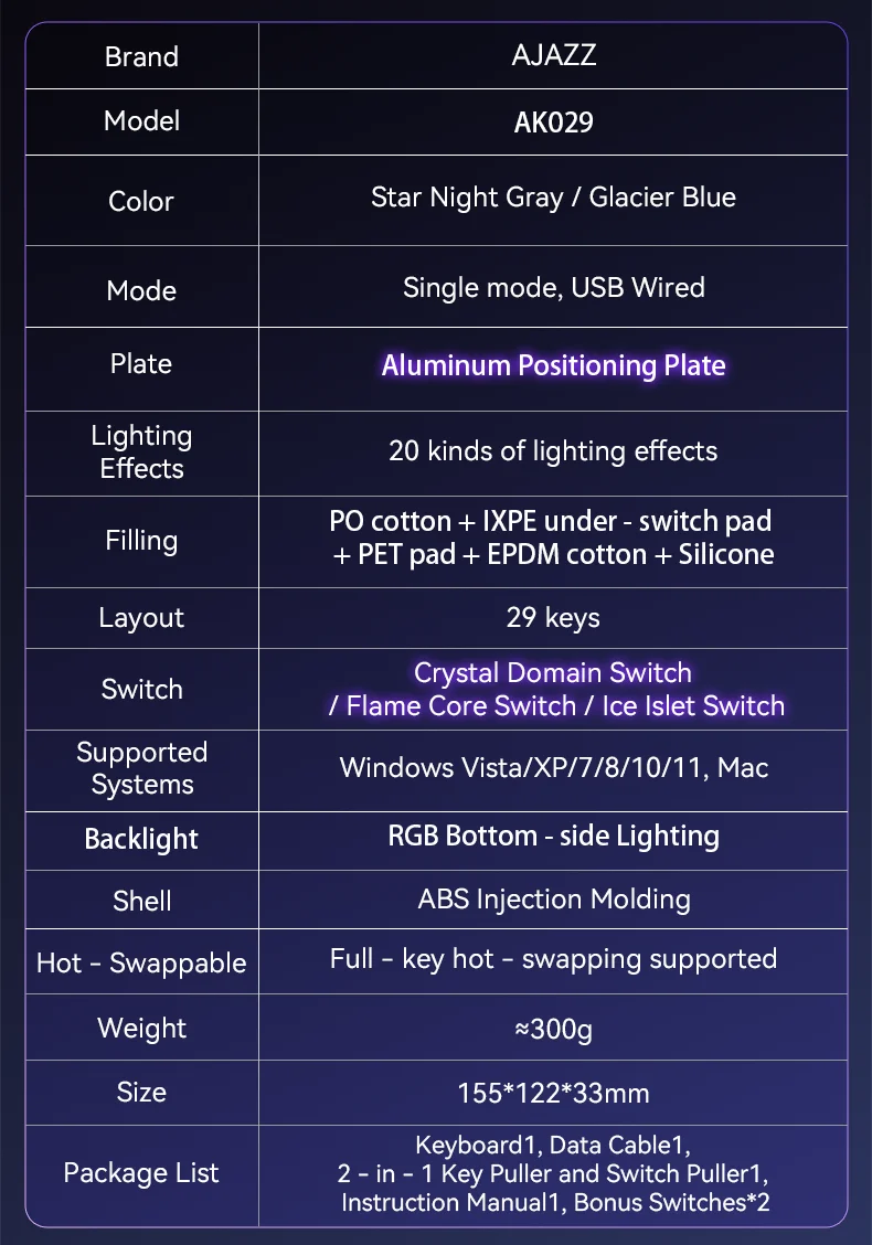 AJAZZ AK029 Wired Gaming Magnetic Switch Magnetic Rice Switch HIFI Edition, RGB Backlight, DIY Support