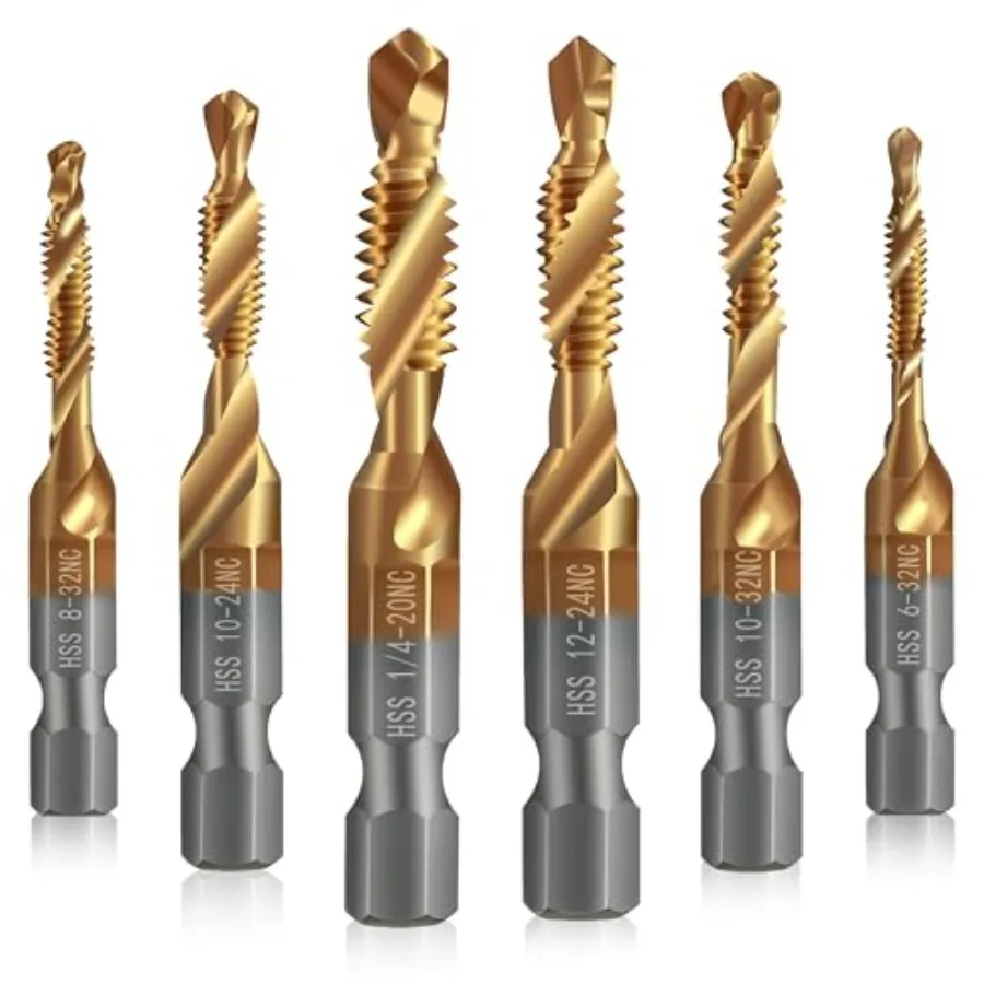 6 Pack Combination Drill and Tap Set Professional HSS Titanium Thread Tap Drill Bit Set in SAE 6-32nc 8-32nc 10-32nc 10-24nc 12