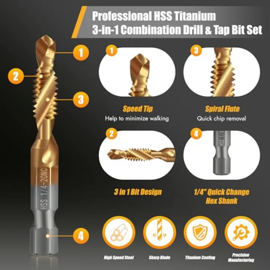 6 Pack Combination Drill and Tap Set Professional HSS Titanium Thread Tap Drill Bit Set in SAE 6-32nc 8-32nc 10-32nc 10-24nc 12