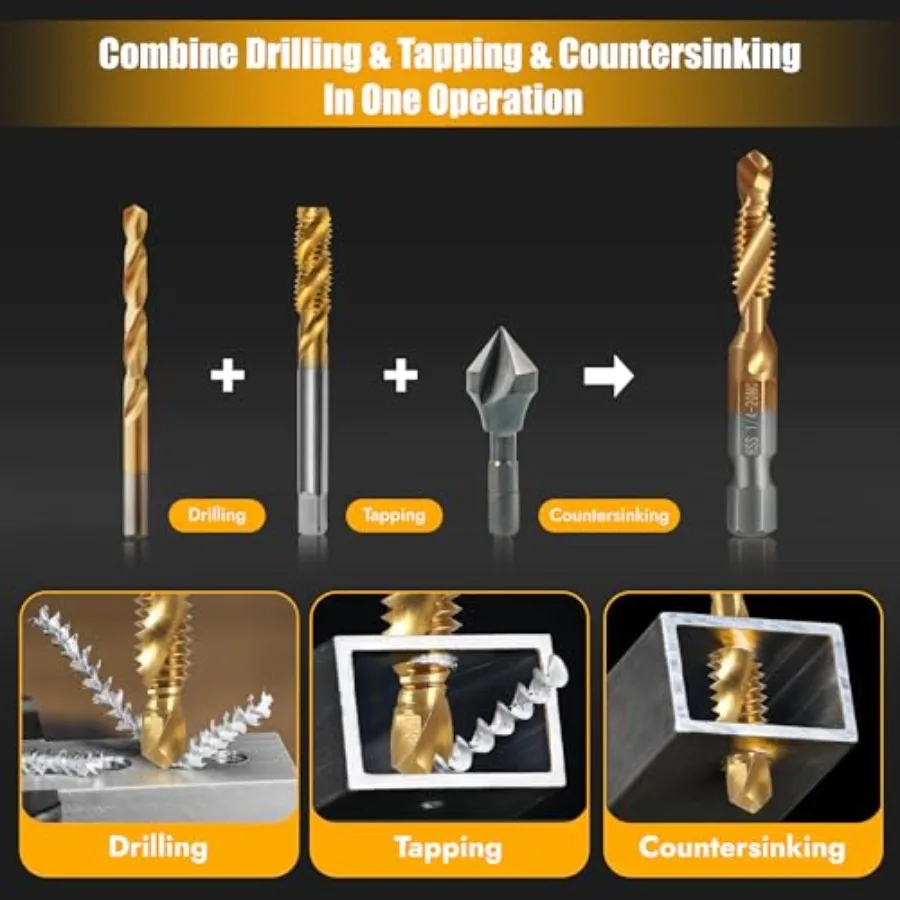 6 Pack Combination Drill and Tap Set Professional HSS Titanium Thread Tap Drill Bit Set in SAE 6-32nc 8-32nc 10-32nc 10-24nc 12