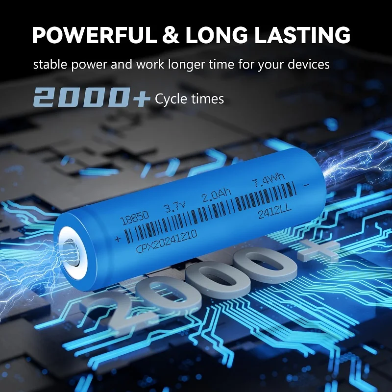 16PCS Button Top 18650 Battery And 2PCS Battery Charger, 2000mAh 3.7V Rechargeable Li-ion Batteries for Flashlight