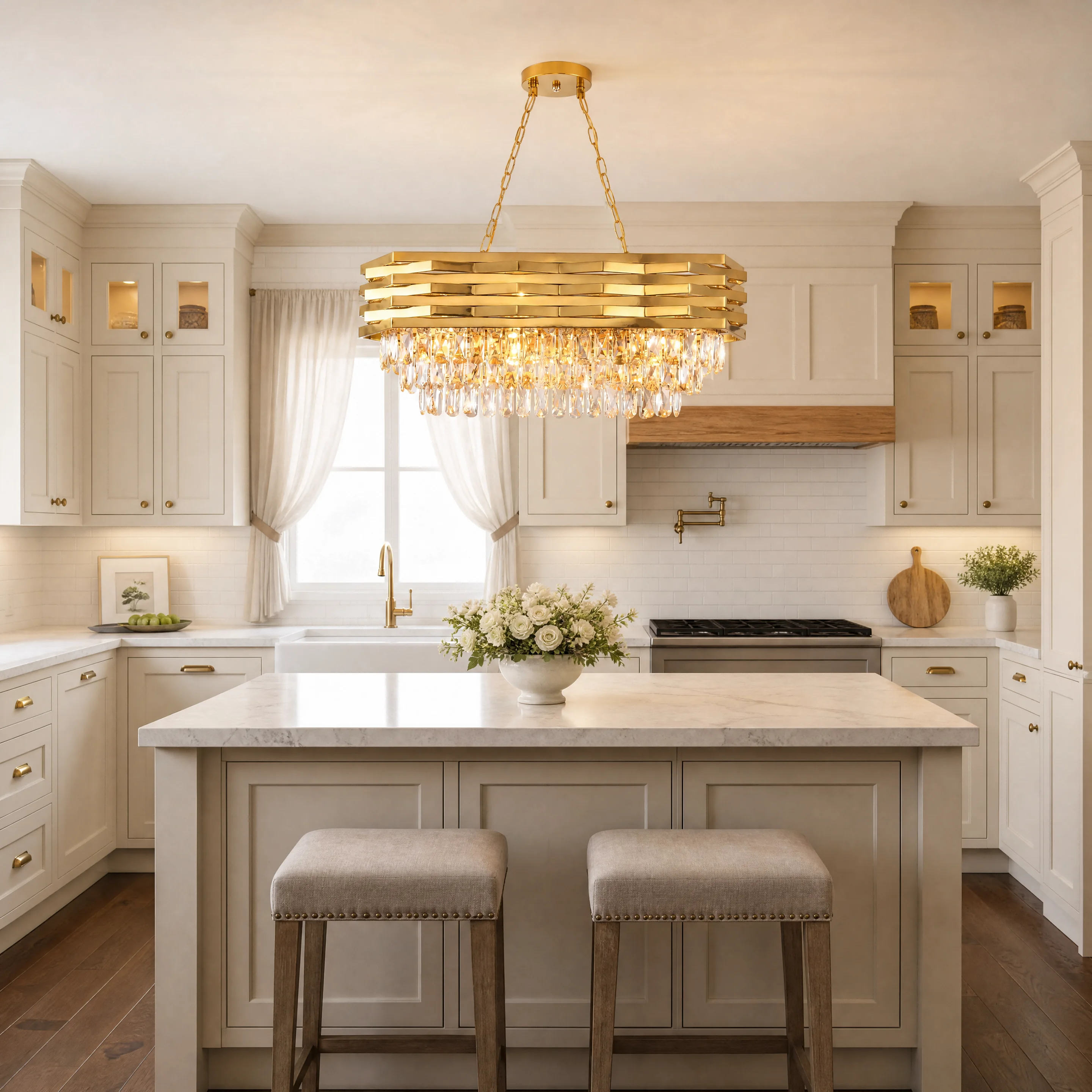Modern Gold Crystal Chandelier, Luxury Pendant Light with Adjustable Hanging Chain, Rectangular K9 Crystal 8‑Light E14 Base Ceiling Lamp for Kitchen Island Dining Room Living Room