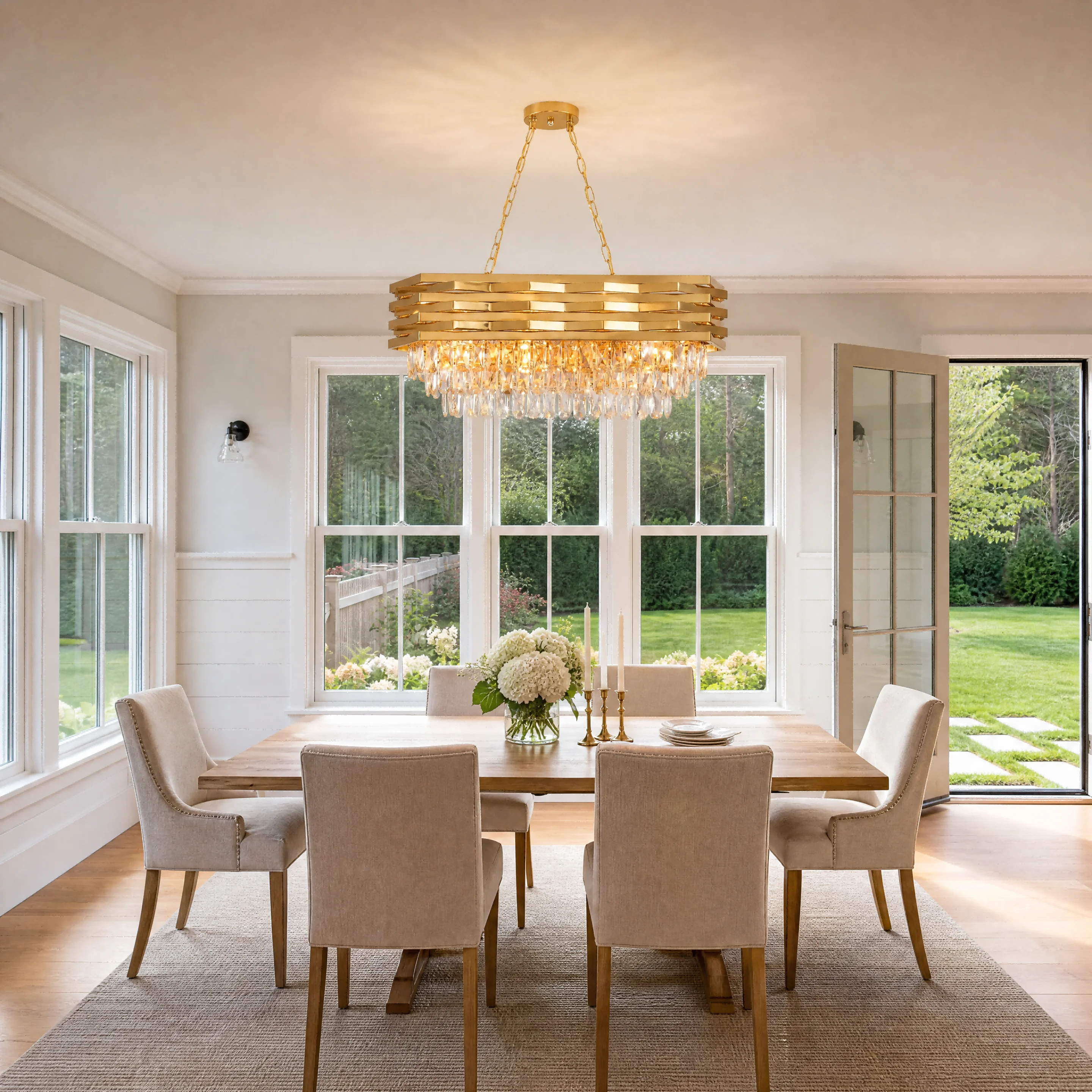 Modern Gold Crystal Chandelier, Luxury Pendant Light with Adjustable Hanging Chain, Rectangular K9 Crystal 8‑Light E14 Base Ceiling Lamp for Kitchen Island Dining Room Living Room