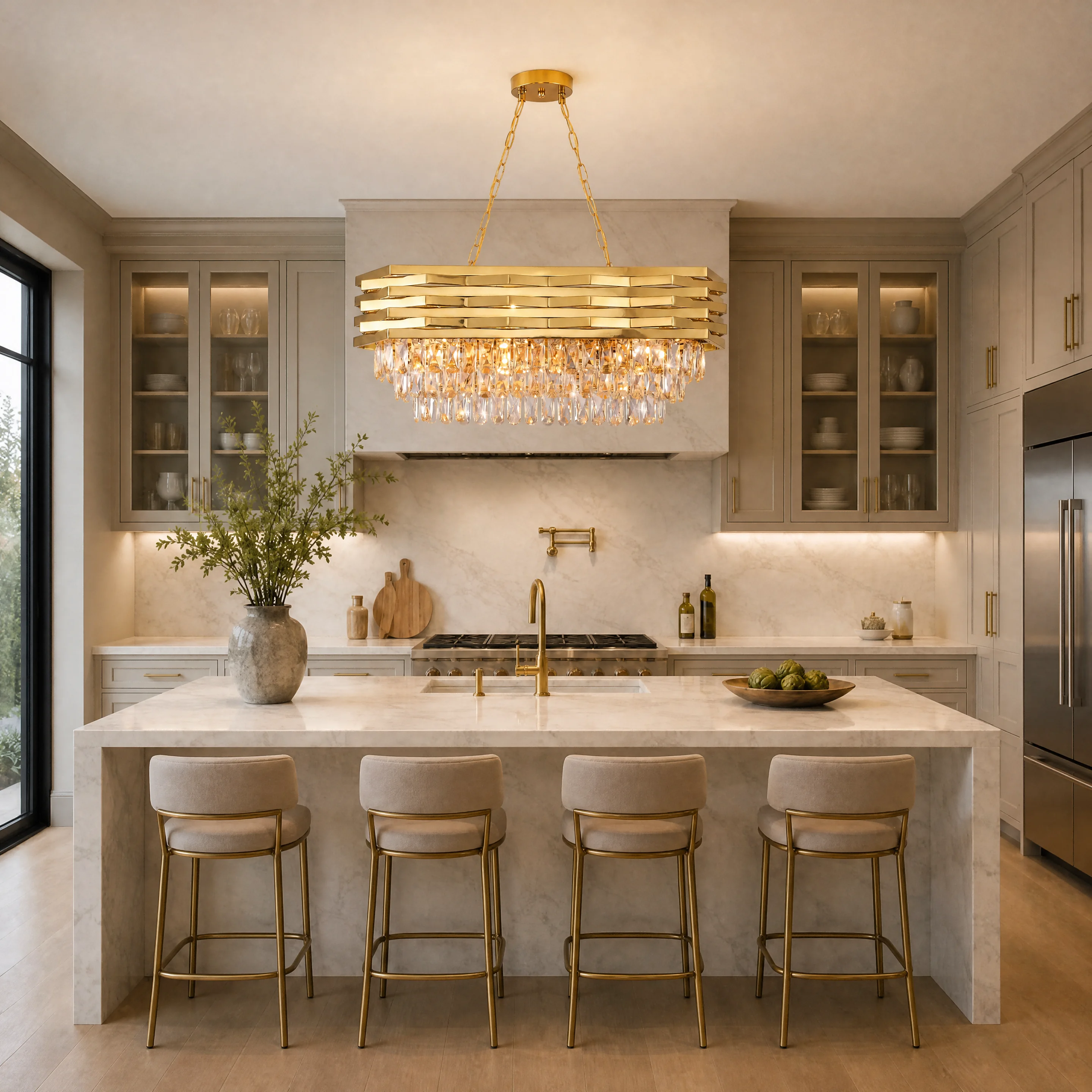 Modern Gold Crystal Chandelier, Luxury Pendant Light with Adjustable Hanging Chain, Rectangular K9 Crystal 8‑Light E14 Base Ceiling Lamp for Kitchen Island Dining Room Living Room