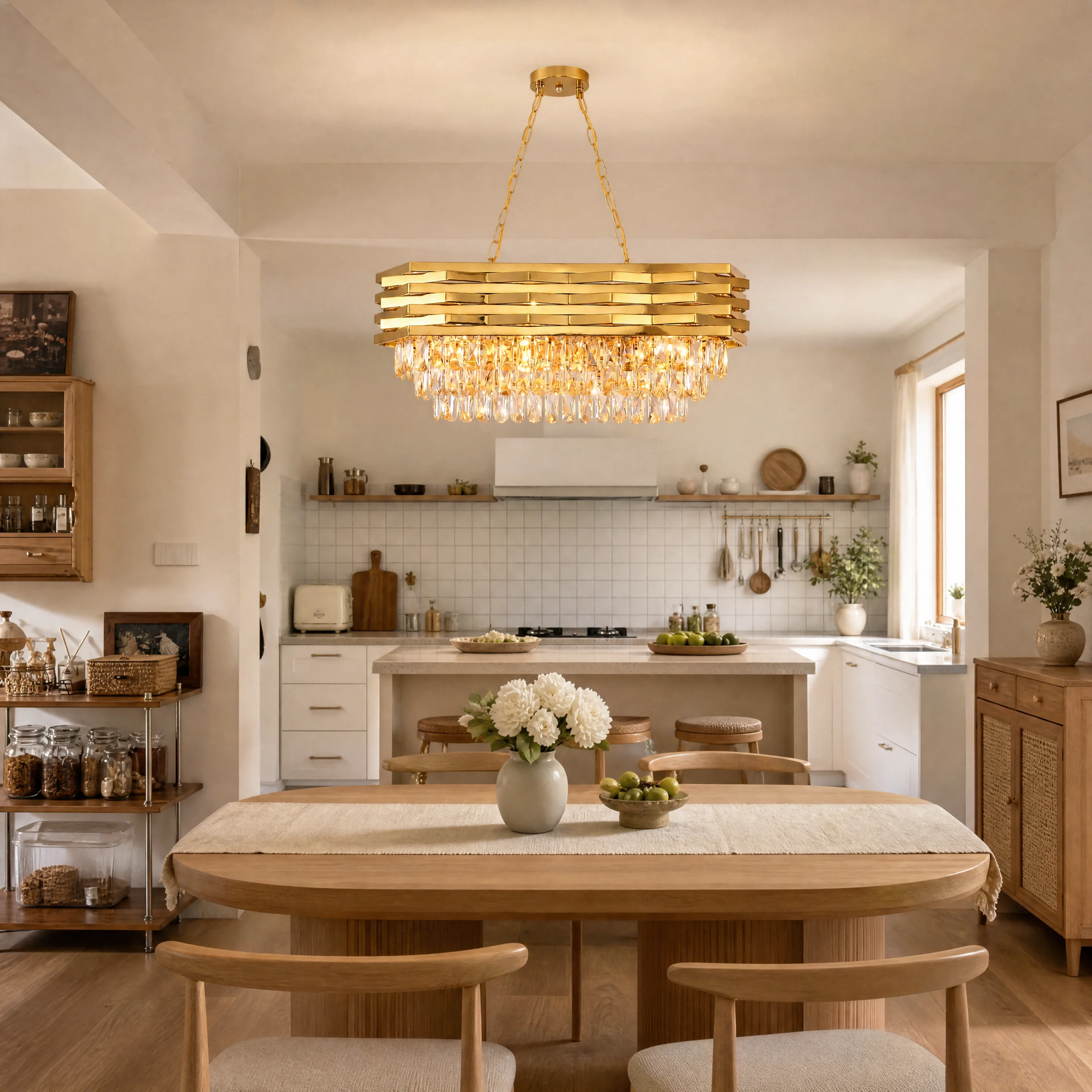 Modern Gold Crystal Chandelier, Luxury Pendant Light with Adjustable Hanging Chain, Rectangular K9 Crystal 8‑Light E14 Base Ceiling Lamp for Kitchen Island Dining Room Living Room