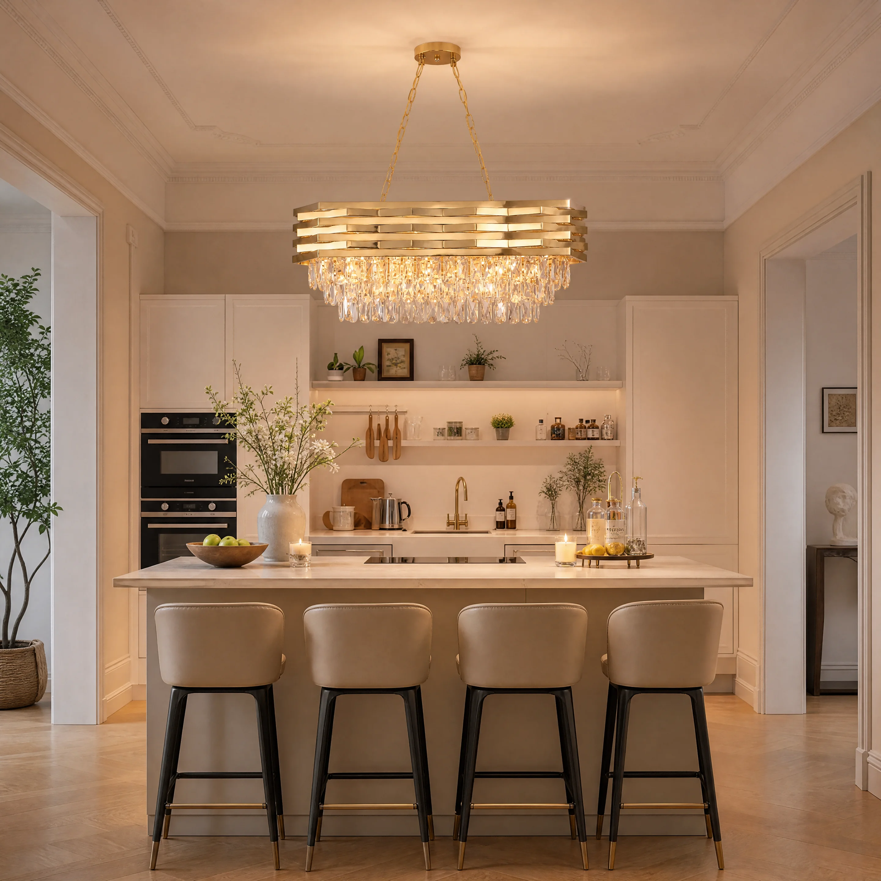 Modern Gold Crystal Chandelier, Luxury Pendant Light with Adjustable Hanging Chain, Rectangular K9 Crystal 8‑Light E14 Base Ceiling Lamp for Kitchen Island Dining Room Living Room