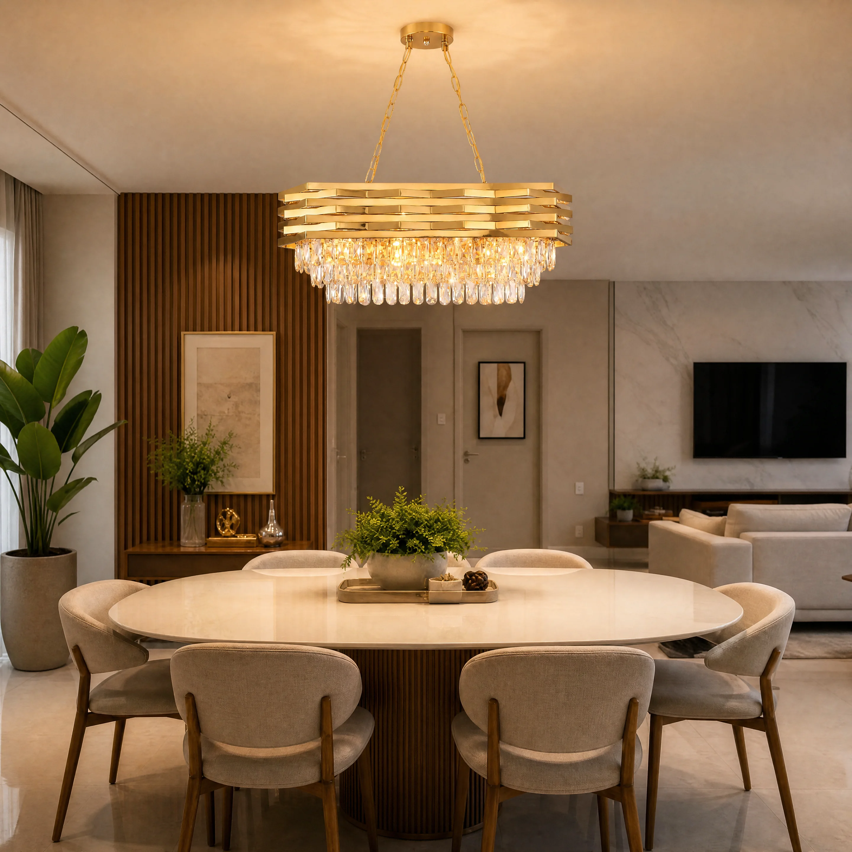 Modern Gold Crystal Chandelier, Luxury Pendant Light with Adjustable Hanging Chain, Rectangular K9 Crystal 8‑Light E14 Base Ceiling Lamp for Kitchen Island Dining Room Living Room